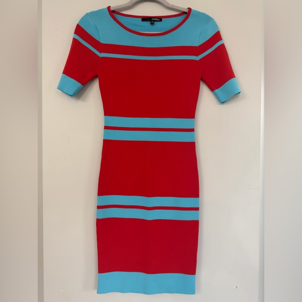 Codigo women’s medium stretch bodycon mini dress aqua and red stripes